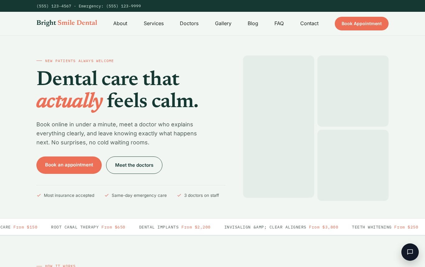 Bright Smile Dental clinic website with online booking, built by Nova Signal AI