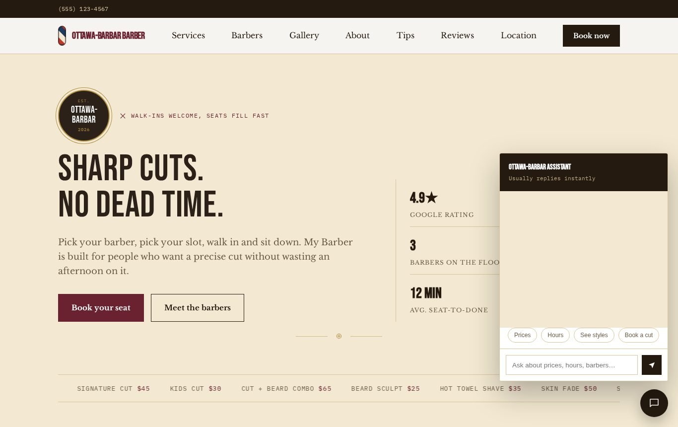 Ottawa-Barbar Barber website with live AI chat assistant, built by Nova Signal AI