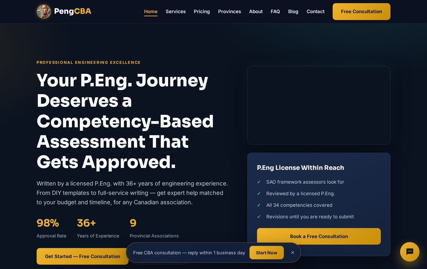 PengCBA website for P.Eng competency assessment services, built by Nova Signal AI
