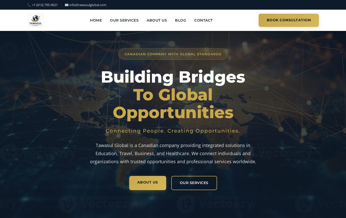 Tawasul Global website homepage, designed by Nova Signal AI